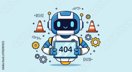 Robot holding a tablet showing error 404, depicting website or system malfunction, with traffic cones and gears suggesting technical issues and need for maintenance