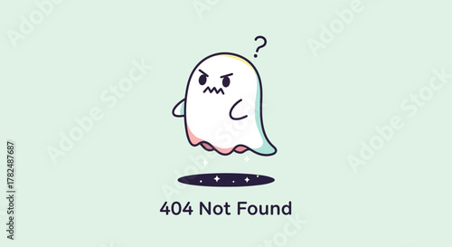 A whimsical ghost character expressing confusion with a question mark above its head, accompanied by the text '404 Not Found' on a light mint background