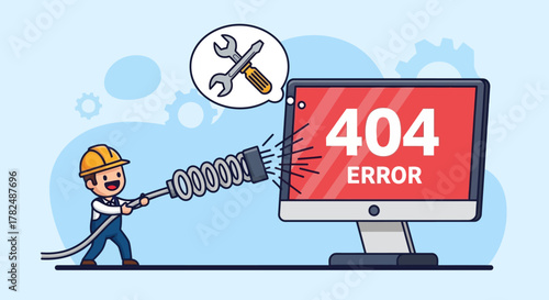 404 Error Page Illustration - Computer Screen Showing an Error Message with a Technician Fixing the Connection