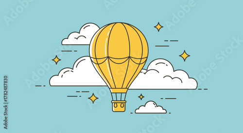 A bright yellow hot air balloon ascends into a sky dotted with fluffy clouds and scattered stars, representing adventure and freedom