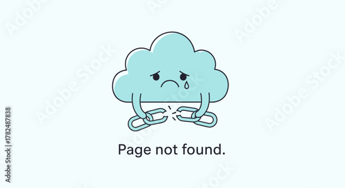 Sad cloud with broken chain indicates a 404 error, symbolizing a lost or inaccessible webpage