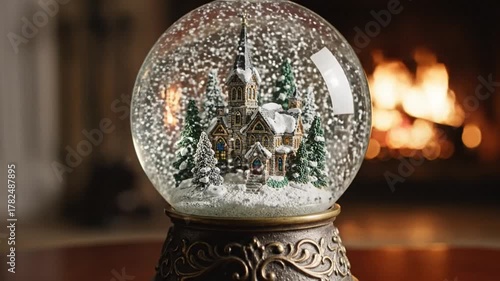 Snow globe with winter scene sparkling water and bokeh effect