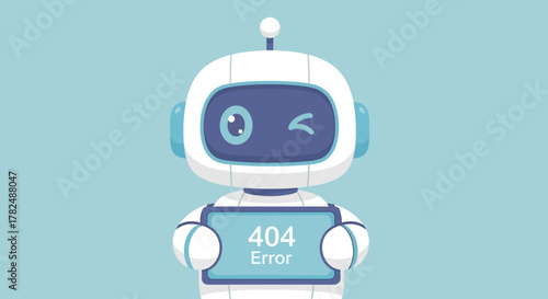 Cute robot holding a sign that says 404 error, indicating a problem with a website or system