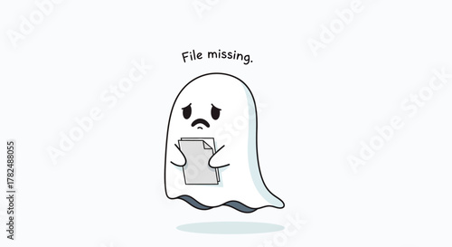Sad ghost character holding a missing file with a drooping expression, representing a digital error or data loss, rendered in a minimalist cartoon style