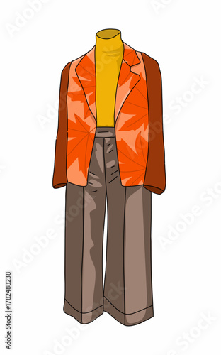 a cartoon mannequin wearing a Fall themed jacket and orange pants. Fashion