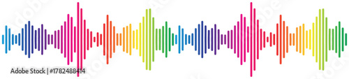 Vibrant rainbow sound wave spectrum forming abstract audio waveform on white background, colorful digital frequency visualization for modern music, technology, and design art.