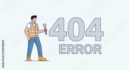 Website 404 error page illustration with a worker holding a wrench and gear symbolizing technical issues and troubleshooting solutions