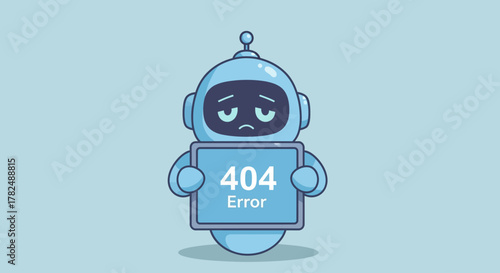Sad robot holding a sign indicating a 404 error, representing a website or system failure
