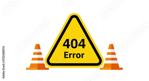 404 Error Page Not Found Warning Sign with Traffic Cones, Website Under Construction or Maintenance Notification
