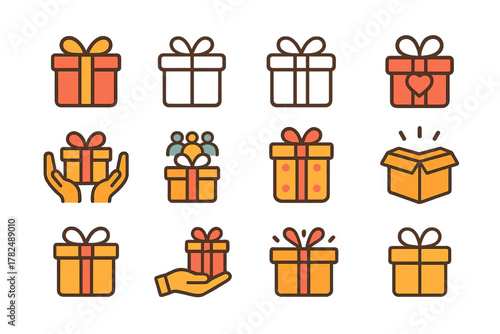 Set of Twelve Gift Box Icons in Modern Minimalistic Design
