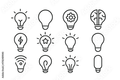 Set of Twelve Light Bulb Icons in Black Outline Style