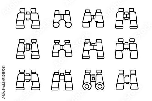 binocular icon set, black and white line drawings