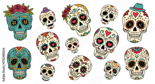 Colorful Sugar Skulls with Decorative Elements, Representing Día de los Muertos Celebration