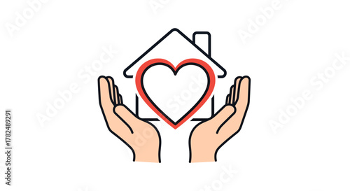 Conceptual illustration showing hands holding a heart-filled house with caring safety