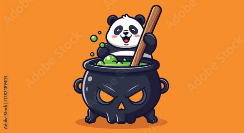 A cute panda bear is stirring a green potion inside a black cauldron with a skull design.
