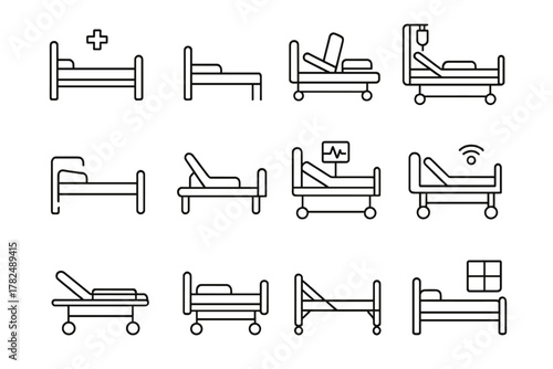 set of twelve hospital bed line icons