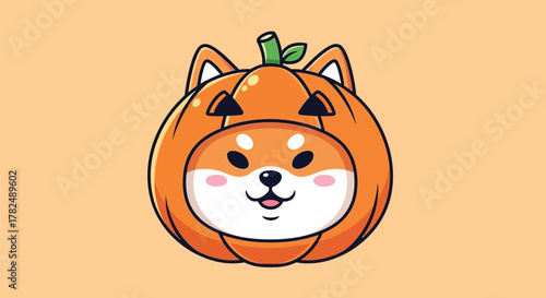 Cute cartoon Shiba Inu dog wearing a pumpkin costume for Halloween.