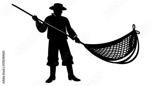 Silhouette of a fisherman with a net, traditional