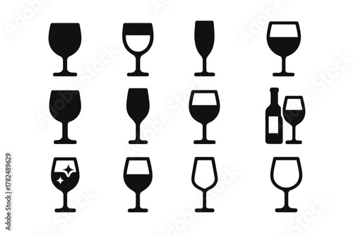 Wine Glass Icon Set on White Background