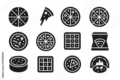 Pizza icons set in various styles and shapes