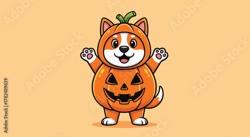 A cute Shiba Inu dog wearing a pumpkin costume, ready for Halloween festivities.