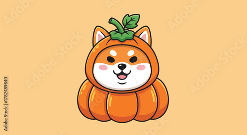 Cartoon Shiba Inu dog dressed in a pumpkin costume for Halloween.
