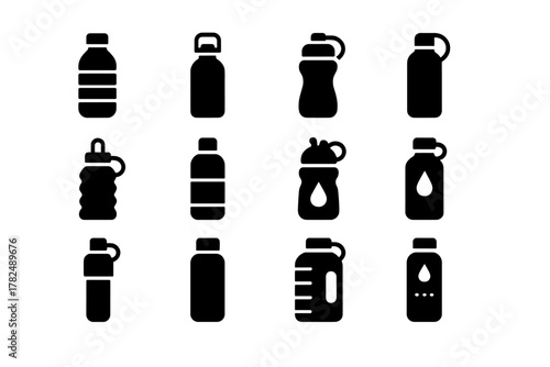 Set of Black Silhouette Water Bottle Icons