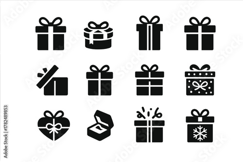 Set of Black and White Gift Box Icons