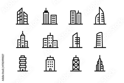 Set of Twelve Stylized Black Line Skyscraper Icons
