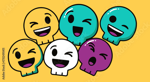 A vibrant collection of cartoon skulls featuring diverse and expressive emoji-like faces, perfect for adding a fun and quirky element to any design project or digital creation