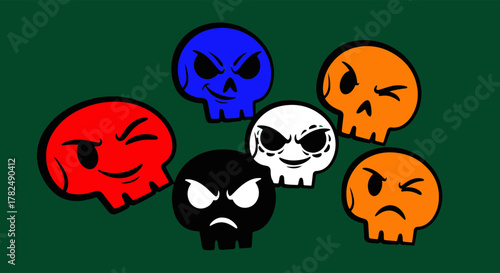 Captivating collection of colorful stylized skulls, each vividly portraying a unique emotion and personality with bold artistic flair