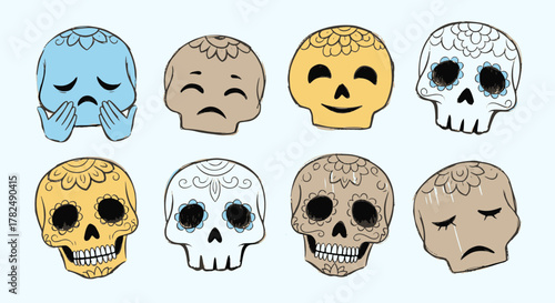Collection of expressive cartoon skull illustrations depicting various emotions from happy to sad, with sugar skull designs