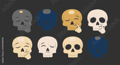 Expressive cartoon skull illustrations showcasing a diverse range of human emotions and thinking processes, ideal for modern conceptual design