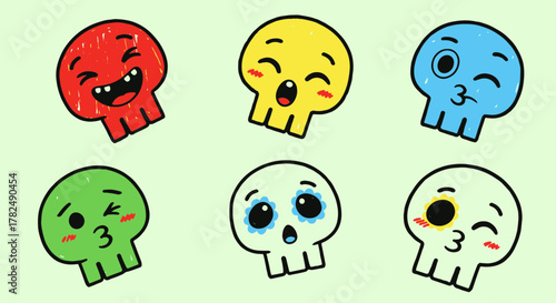 Playful collection of colorful cartoon skulls expressing various emotions in a charming, hand-drawn illustration style