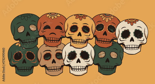 Vibrant collection of decorative human skull illustrations celebrating cultural artistry and festive traditions