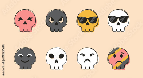 Collection of diverse cartoon skull emoticons illustrating a wide range of human emotions and expressions, perfect for digital design and mood representation