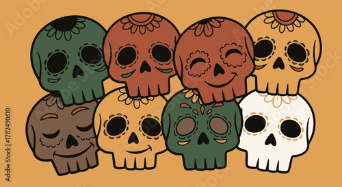 Vibrantly colored artistic sugar skull stack illustration, embodying festive remembrance and rich cultural traditions