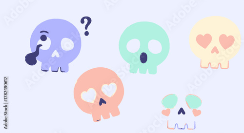 A delightful array of whimsical pastel skulls, each expressing unique emotions from affectionate hearts to curious wonder and wide-eyed surprise