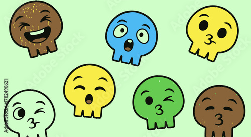 A charming collection of cartoon skull characters in diverse colors, each uniquely conveying a range of playful human emotions and expressions