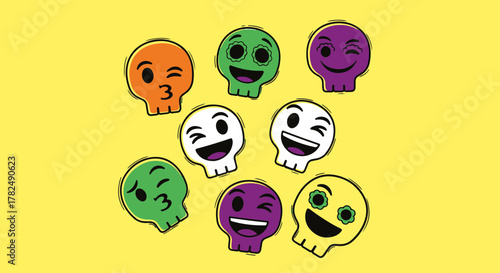 Vibrant cartoon skull emojis, each showcasing unique, playful expressions on a bright yellow background