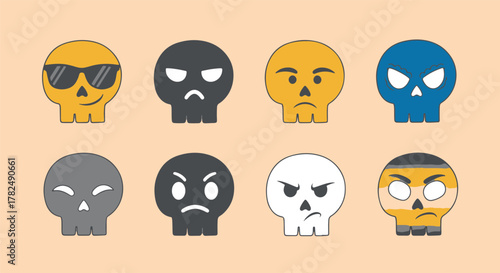 Vibrant collection of expressive skull emojis and cartoon icons portraying diverse emotions for digital media and graphic design projects