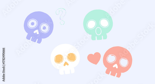 A quartet of colorful, cartoon skulls each displaying unique expressions and whimsical emotions in a minimalist pastel setting