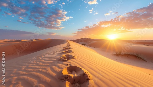 Fototapeta Naklejka Na Ścianę i Meble -  Desert Sand Dunes at Sunrise with Footprints