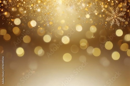 Golden bokeh lights and glitter sparkle background with snowflake for festive celebration