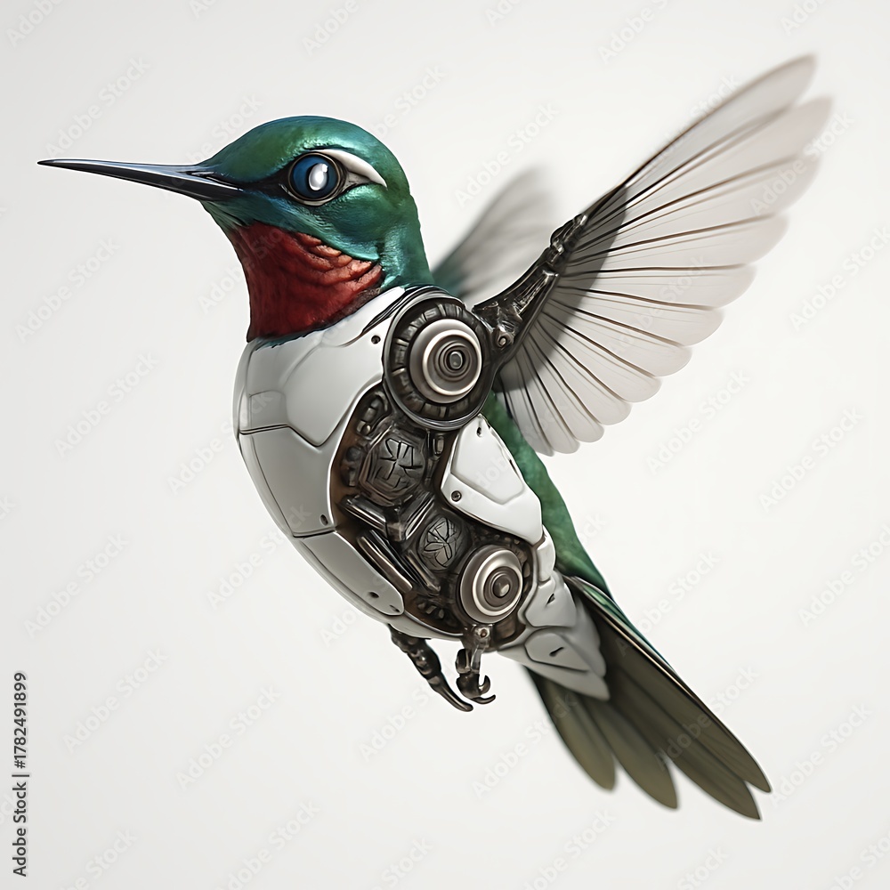 Obraz premium Mechanical Hummingbird in Flight Metal Bird with Robotic Components and Green Feathers Technical Avian Design for Advanced Technological Avian Concept