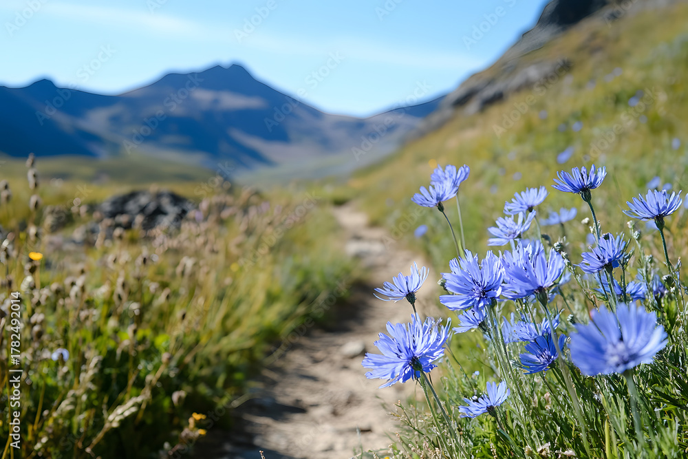 Obraz premium Wild Chicory Blooms by Mountain Trail Under Clear Sky 