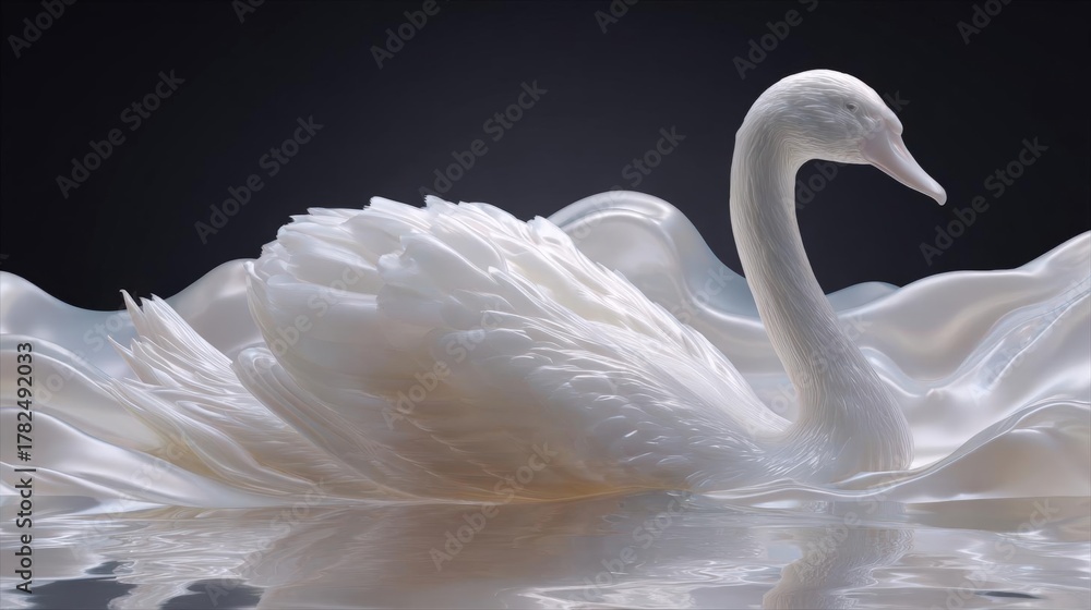 Obraz premium Digital illustration of a white swan swimming in the water. the swan is in the center of the image, with its body curved gracefully and its head turned towards the right side of the frame.