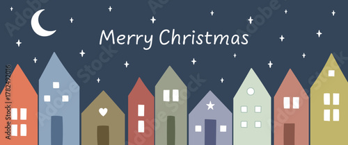 Merry Christmas - Schriftzug in englischer Sprache - Frohe Weihnachten. Grußkarte mit bunten Häusern, Mond und Sternenhimmel.