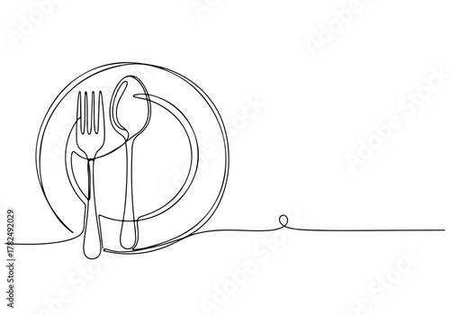 Elegant continuous line drawing of a dinner plate with a fork and spoon, symbolizing culinary arts, fine dining, and minimalist kitchen design