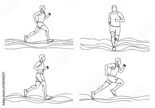 Dynamic continuous line drawing vector illustrations showcasing athletic men running in various energetic poses, ideal for fitness concepts